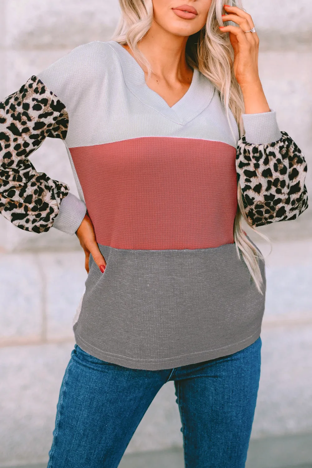 Contrast Sleeve Waffle Knit Top