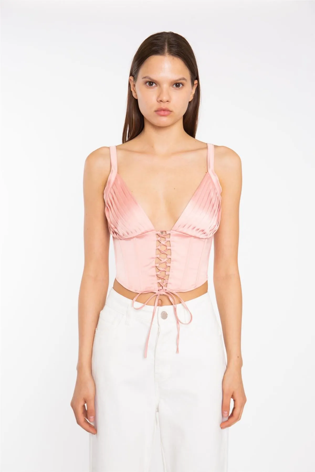 Coral Pink Pleated Bust Lace-Up Corset-Top