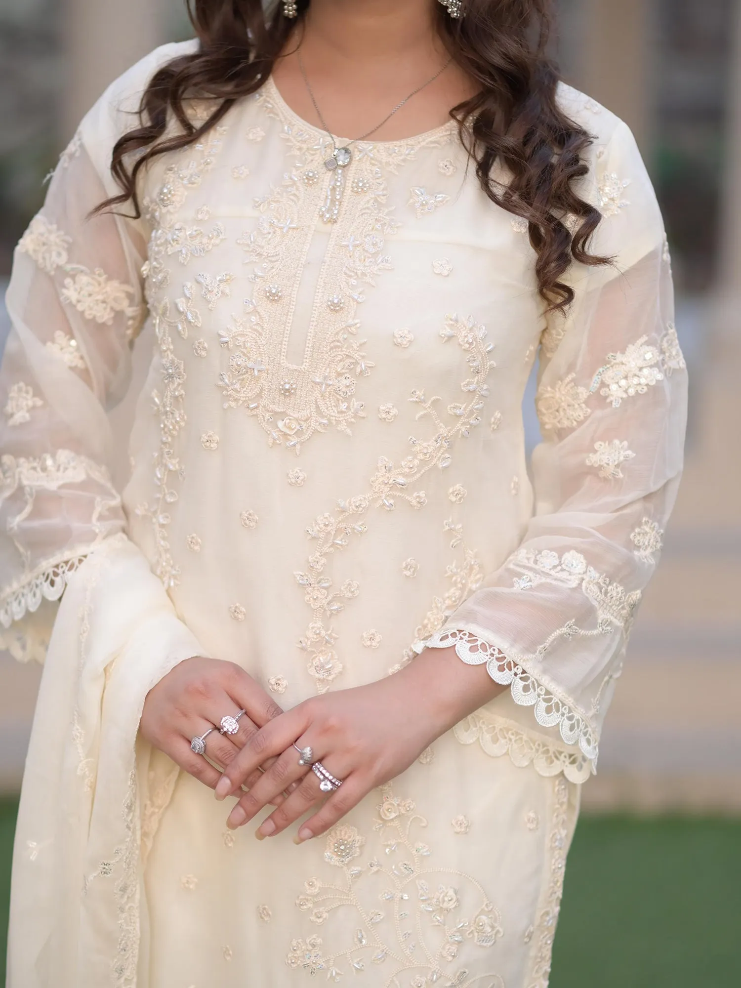 Cream Embroidered Chiffon 3-Piece Suit