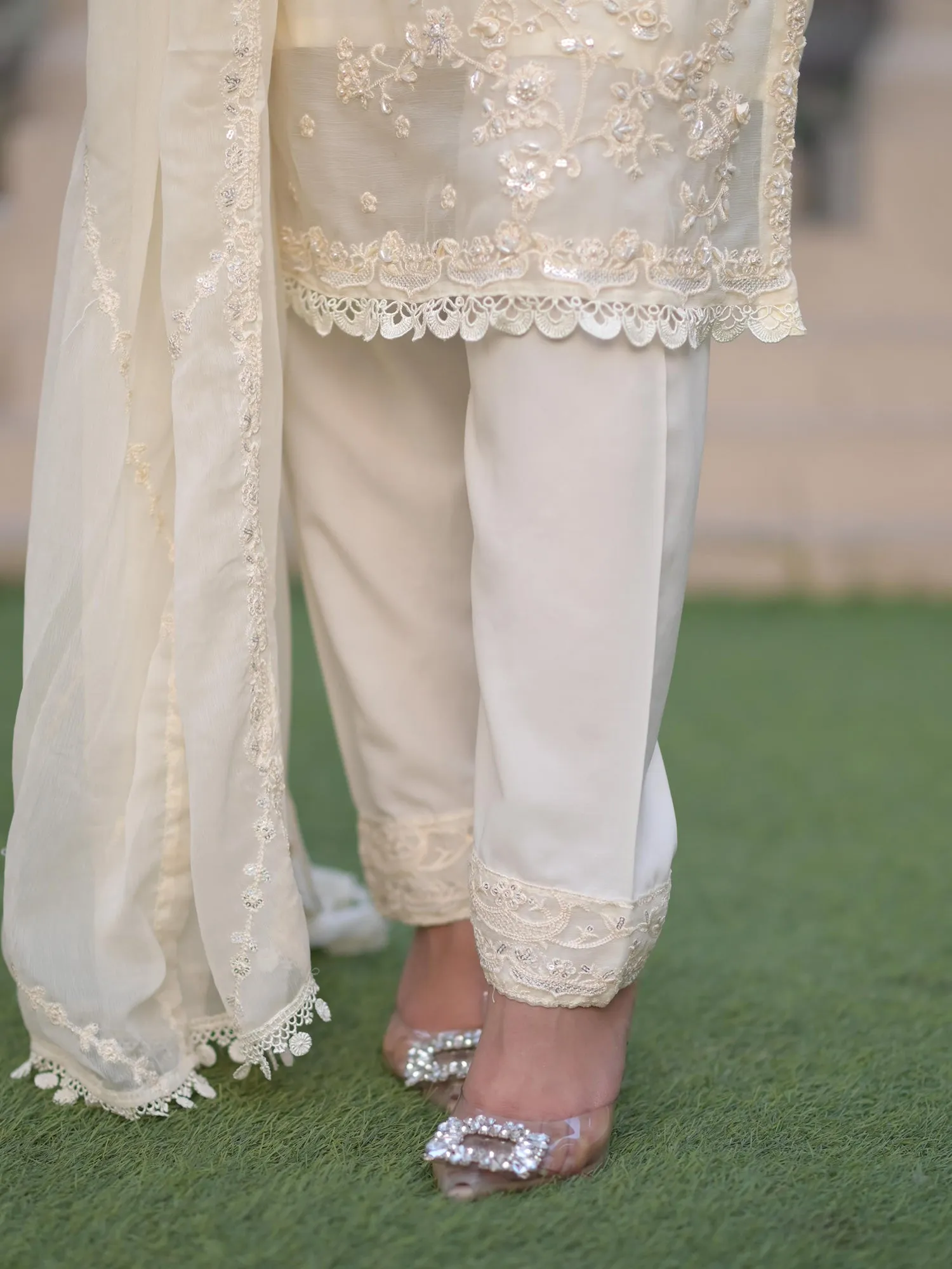 Cream Embroidered Chiffon 3-Piece Suit