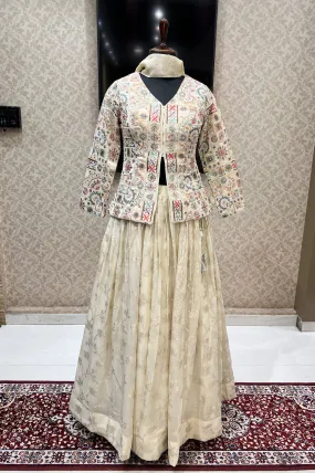 Cream Multicolor Thread and Sequins work Peplum Style Lehenga