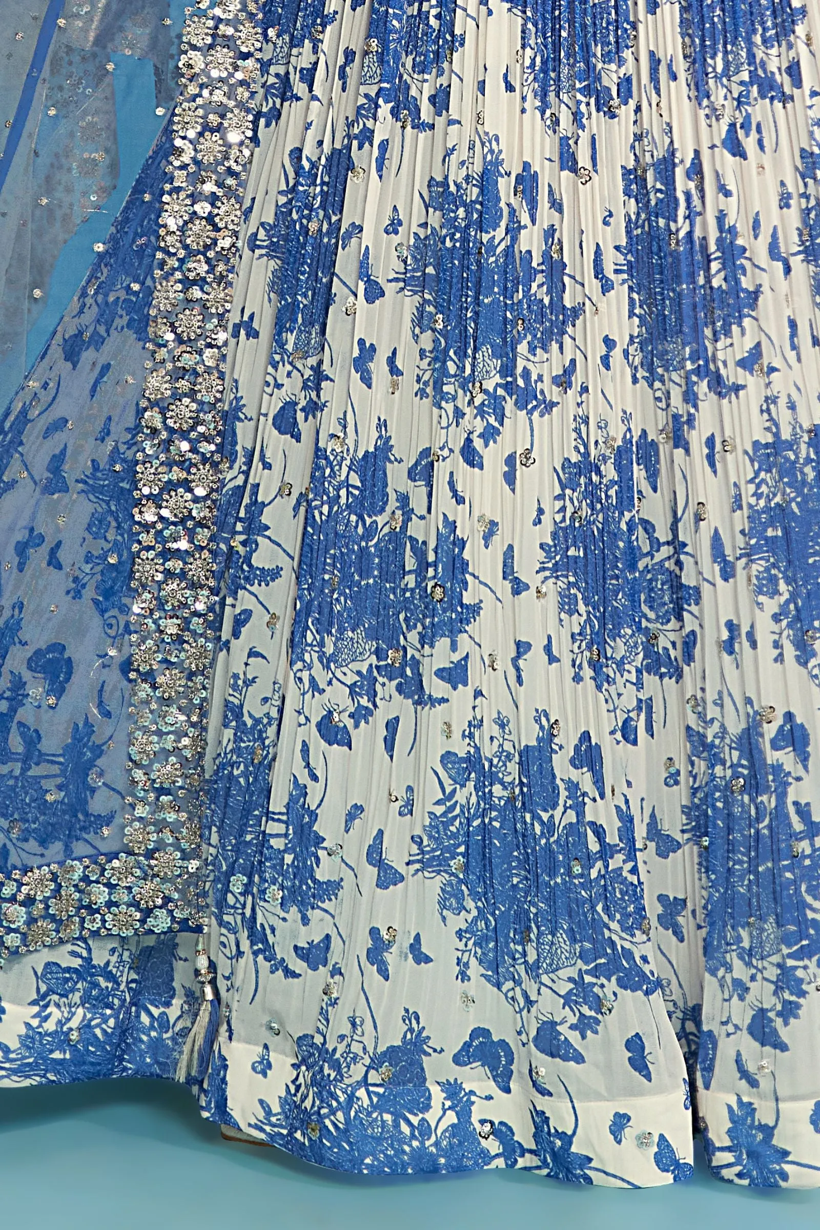 Cream with Blue Digital Print, Stone, Mirror and Sequins work Crop Top Lehenga