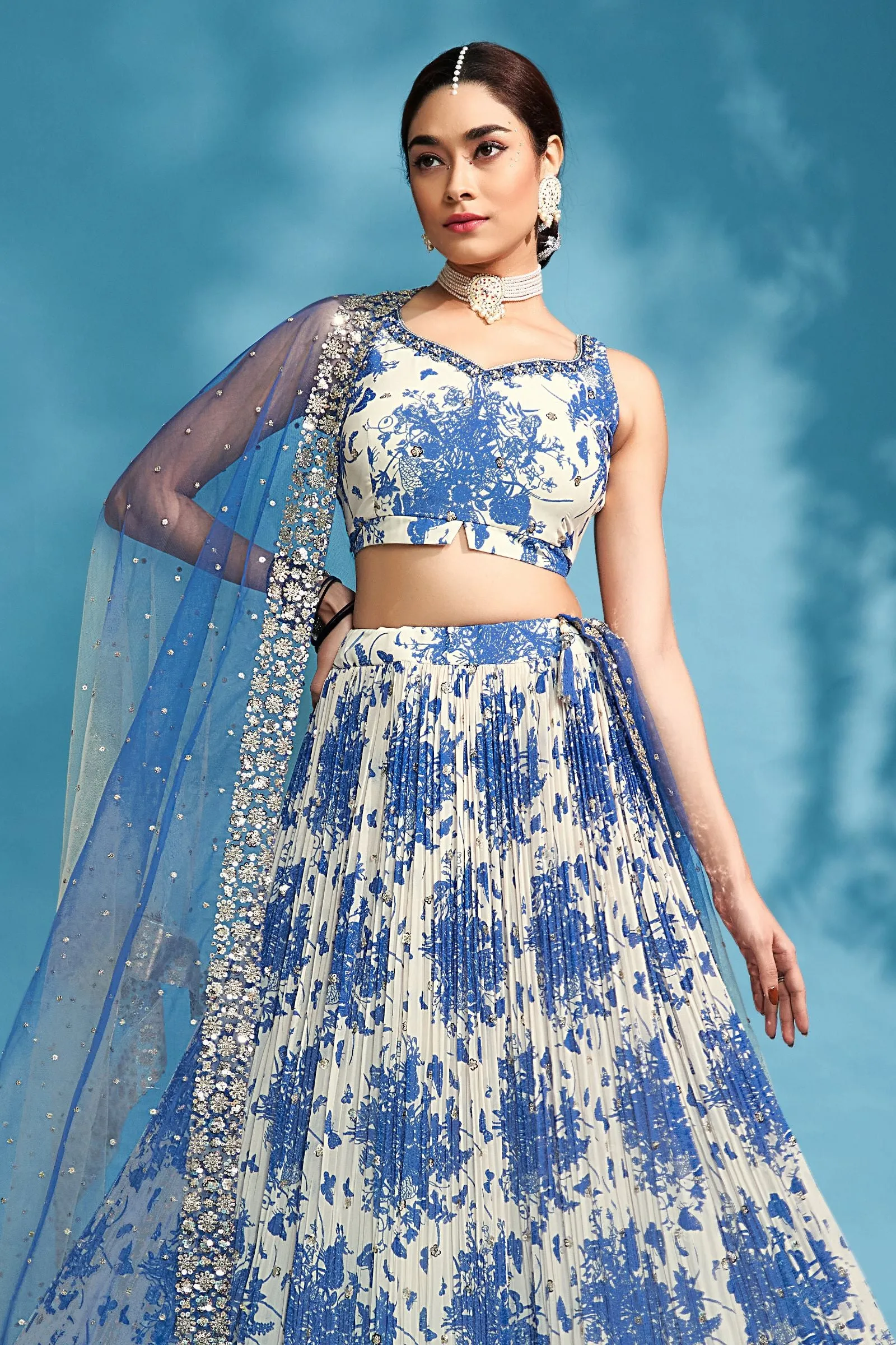 Cream with Blue Digital Print, Stone, Mirror and Sequins work Crop Top Lehenga