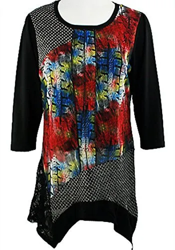 Creation - Lace Mesh, 3/4 Sleeve Scoop Neck Geometric Print Tunic Lace Accents