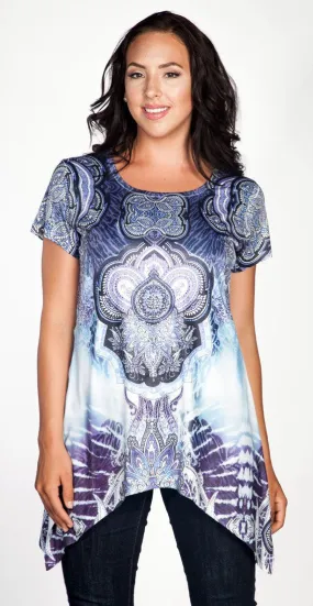 Creation - Medallions, Short Sleeve Asymmetric Hem Geometric Print Tunic