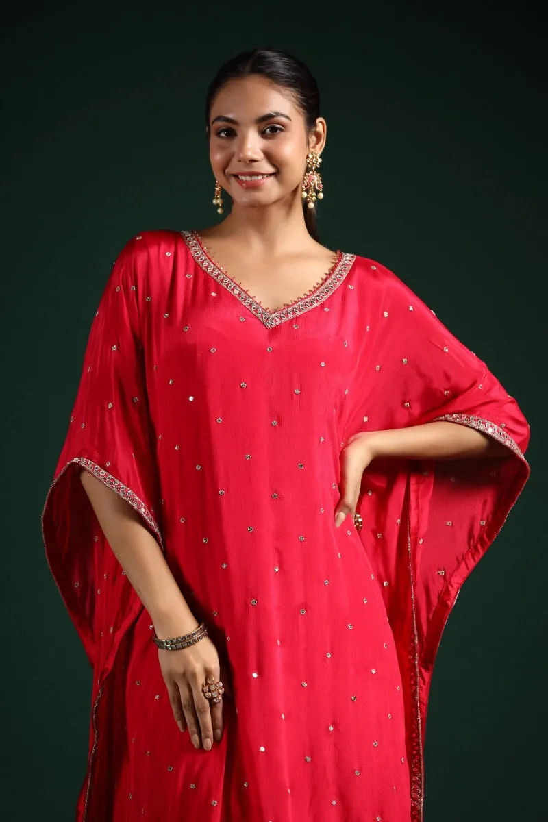 Crimson Red Embellished Kaftan Palazzo Set