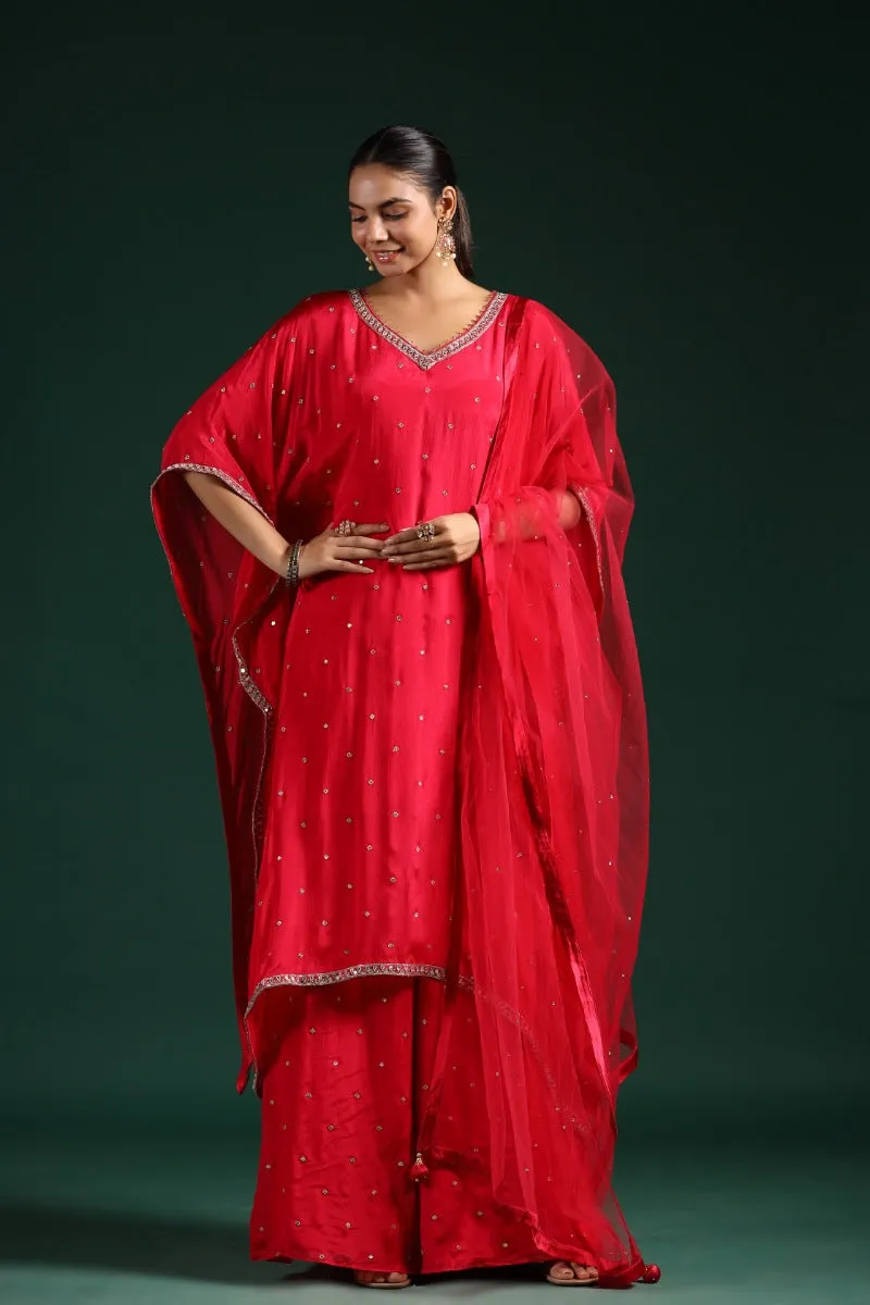 Crimson Red Embellished Kaftan Palazzo Set