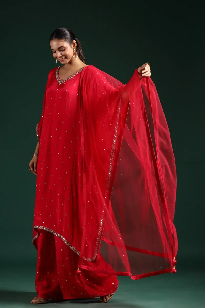 Crimson Red Embellished Kaftan Palazzo Set