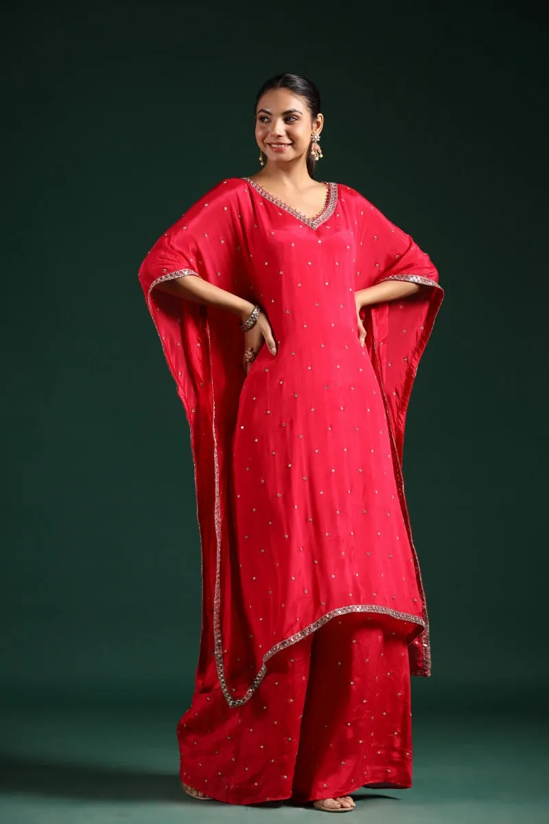 Crimson Red Embellished Kaftan Palazzo Set