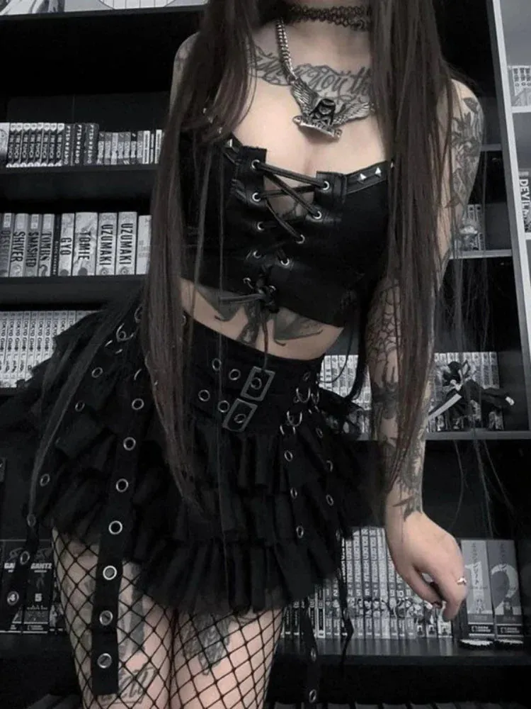 Cyber Gothic PU Leather Lace-up Y2K Emo Grunge Crop Top