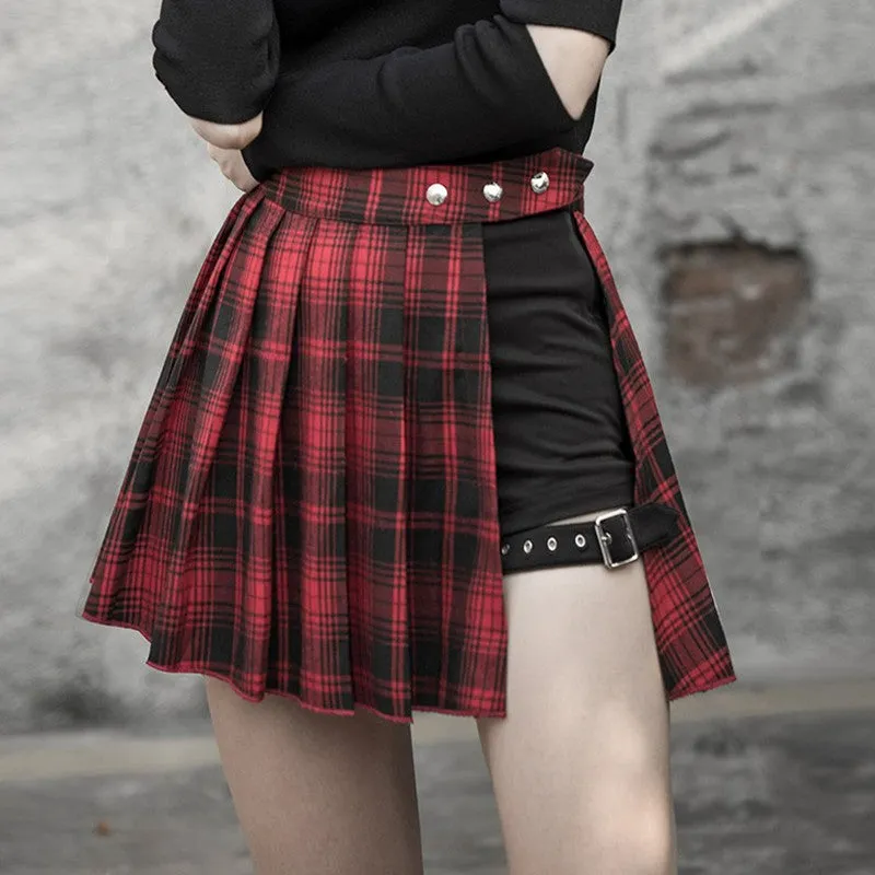 'Dead Ringer' Red and Black Grunge Plaid Skirt