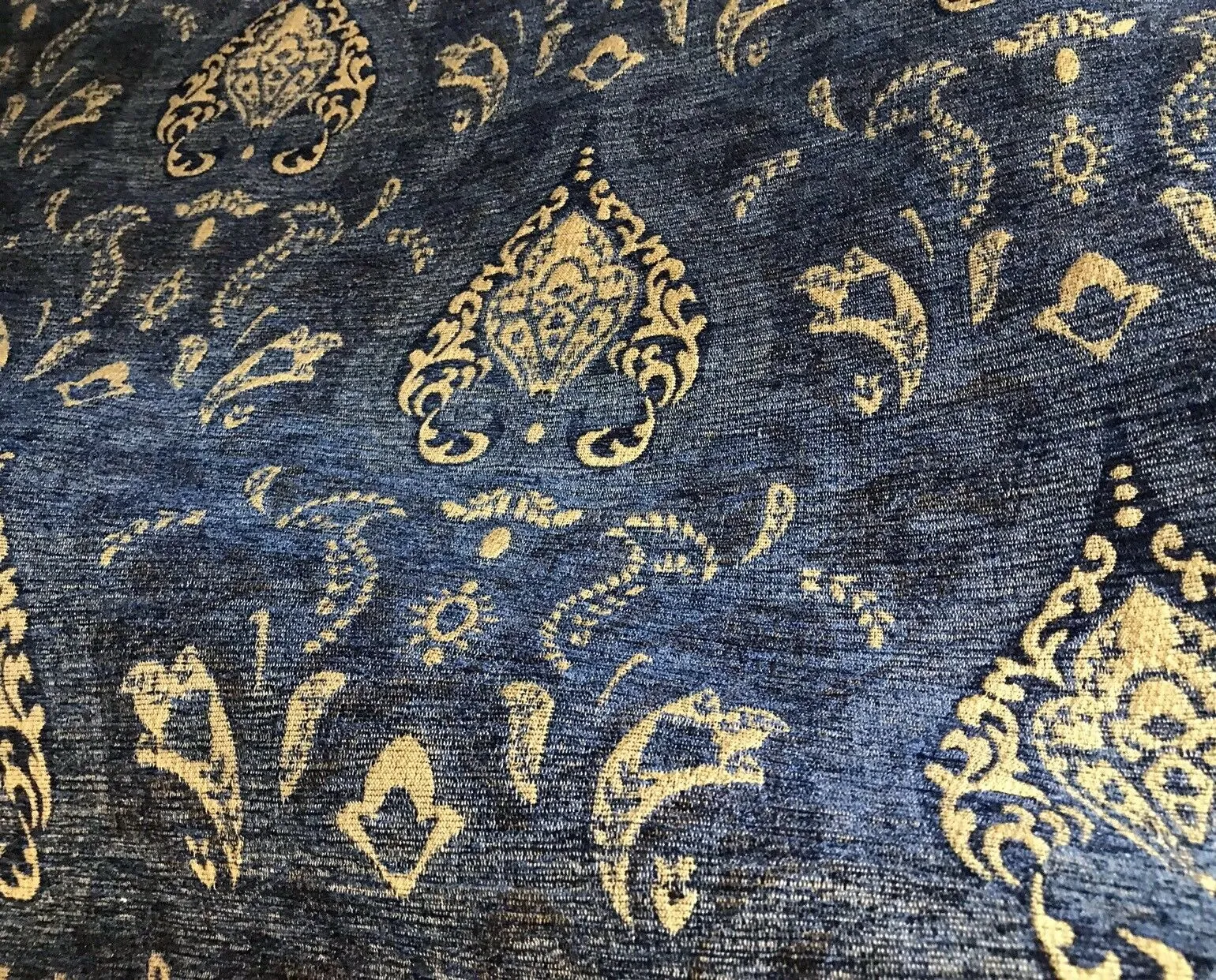 Designer Upholstery Kilim Inspired Chenille Velvet Fabric - Blue Gold LLPCB001