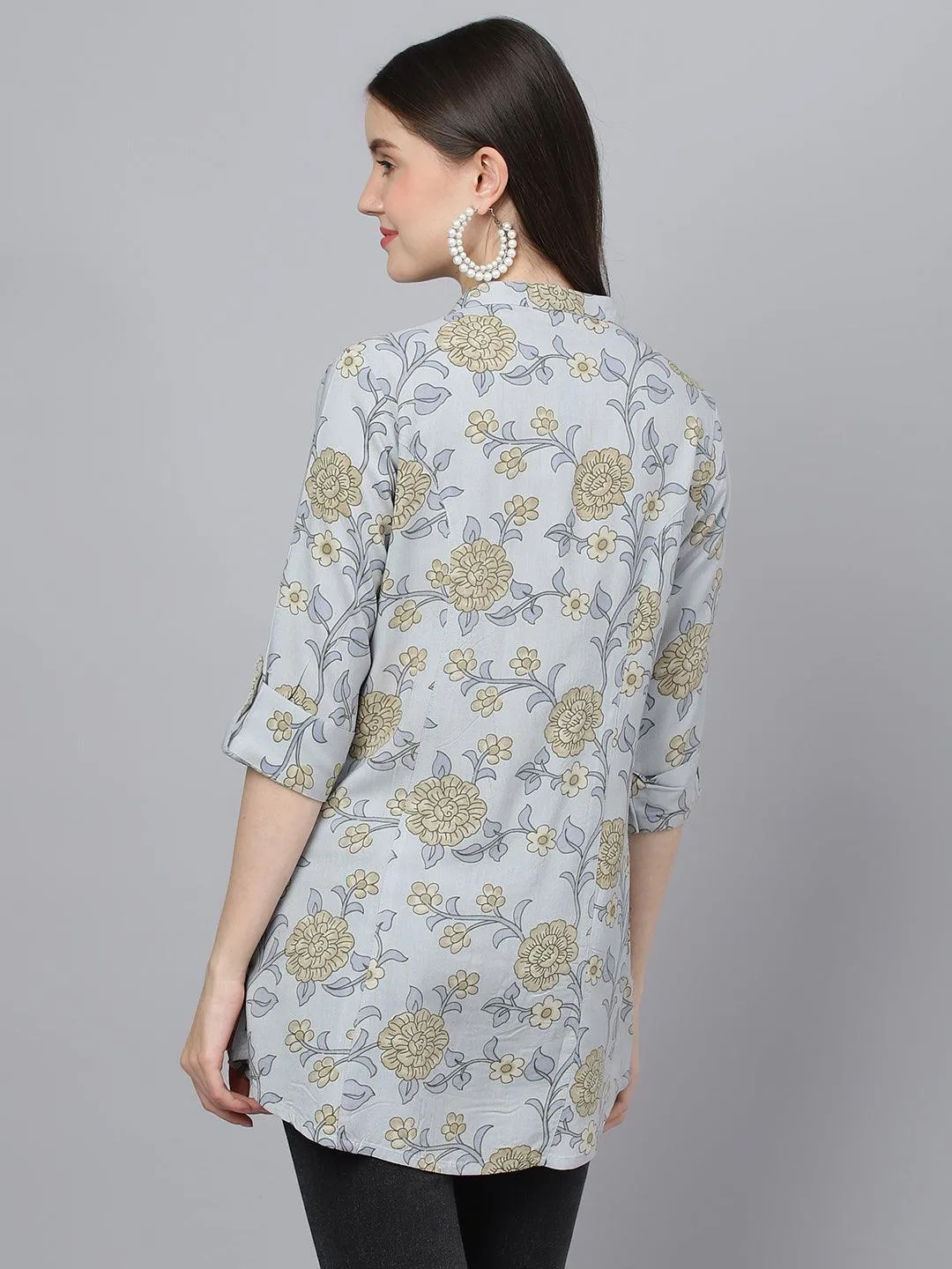 Divena Dusty Blue Floral printed Rayon A-line Shirts Style Top