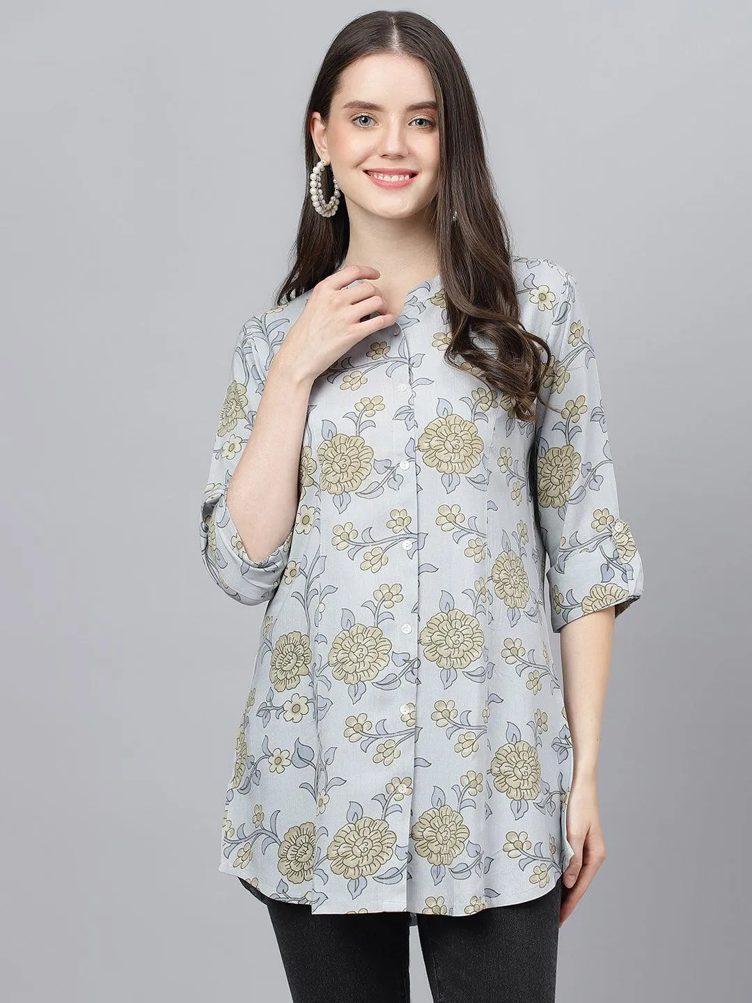 Divena Dusty Blue Floral printed Rayon A-line Shirts Style Top