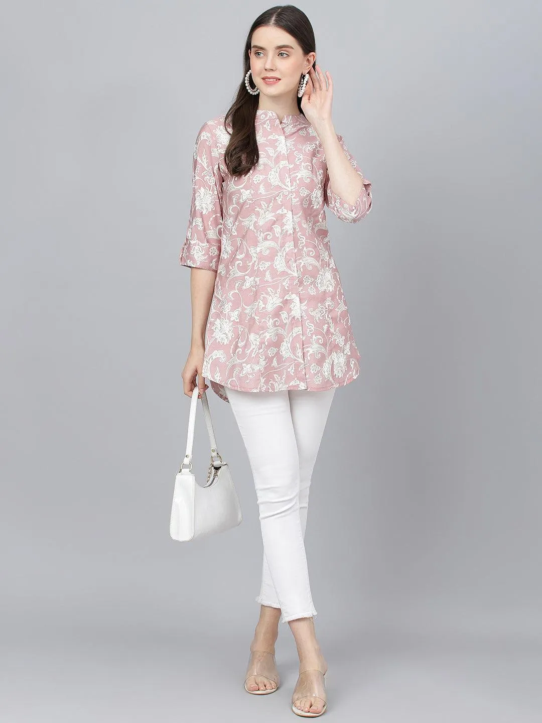 Divena Dusty pink Floral printed Modal A-line Shirts Style Top