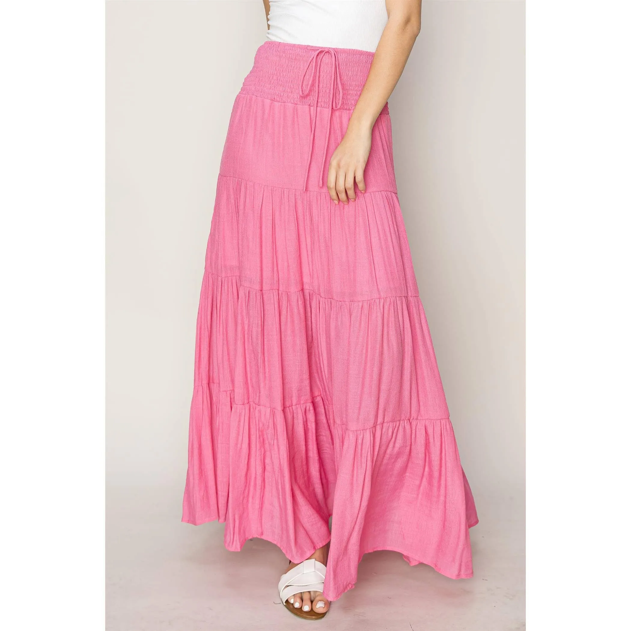 Drawstring Waist Tiered Maxi Skirt