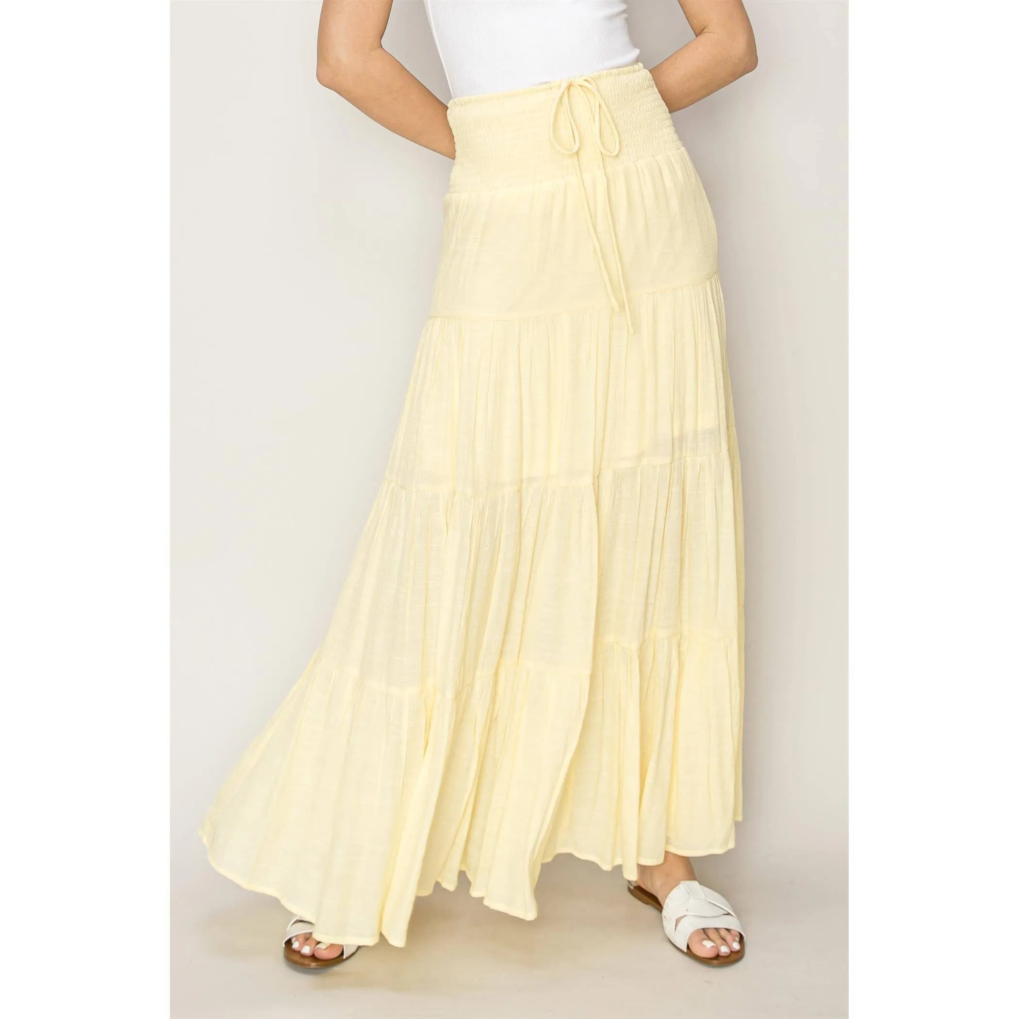 Drawstring Waist Tiered Maxi Skirt