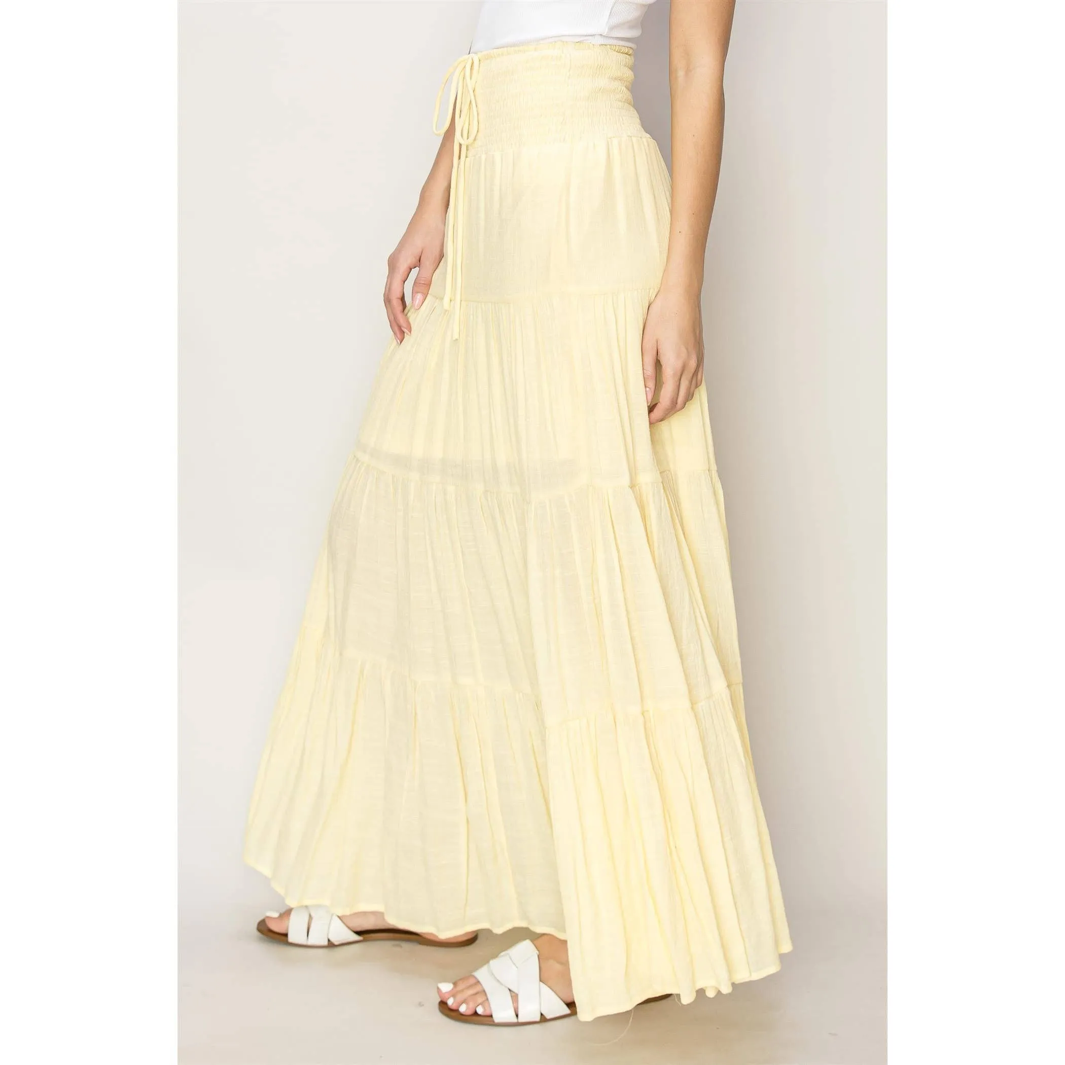 Drawstring Waist Tiered Maxi Skirt