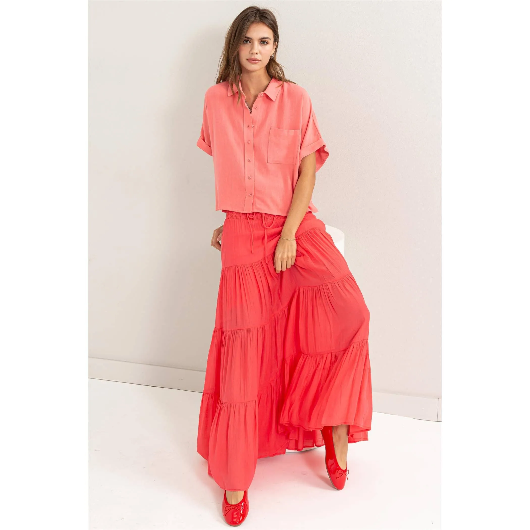 Drawstring Waist Tiered Maxi Skirt