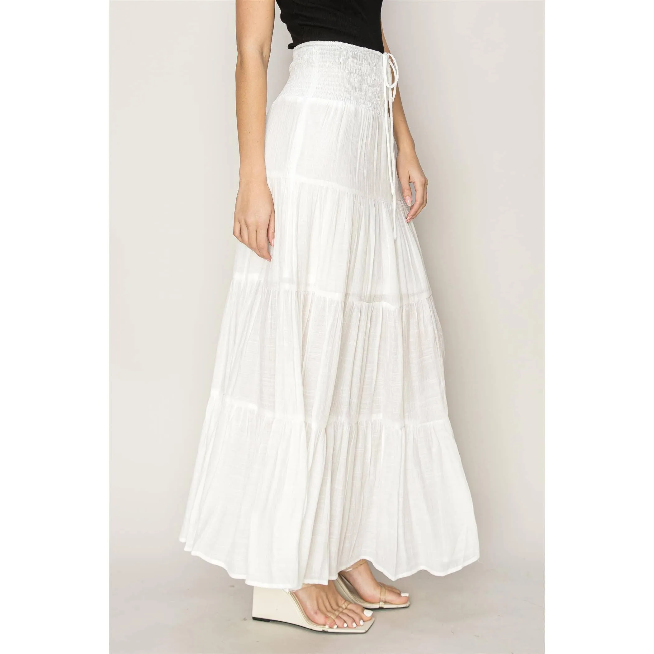 Drawstring Waist Tiered Maxi Skirt