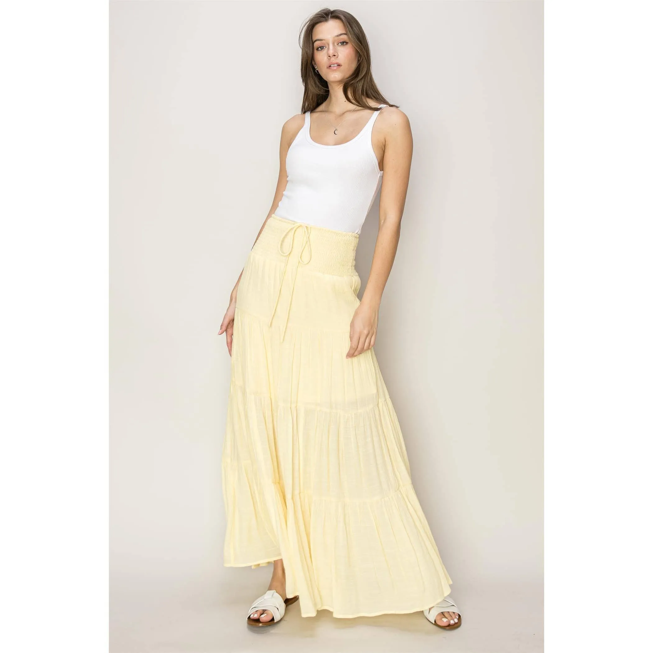 Drawstring Waist Tiered Maxi Skirt