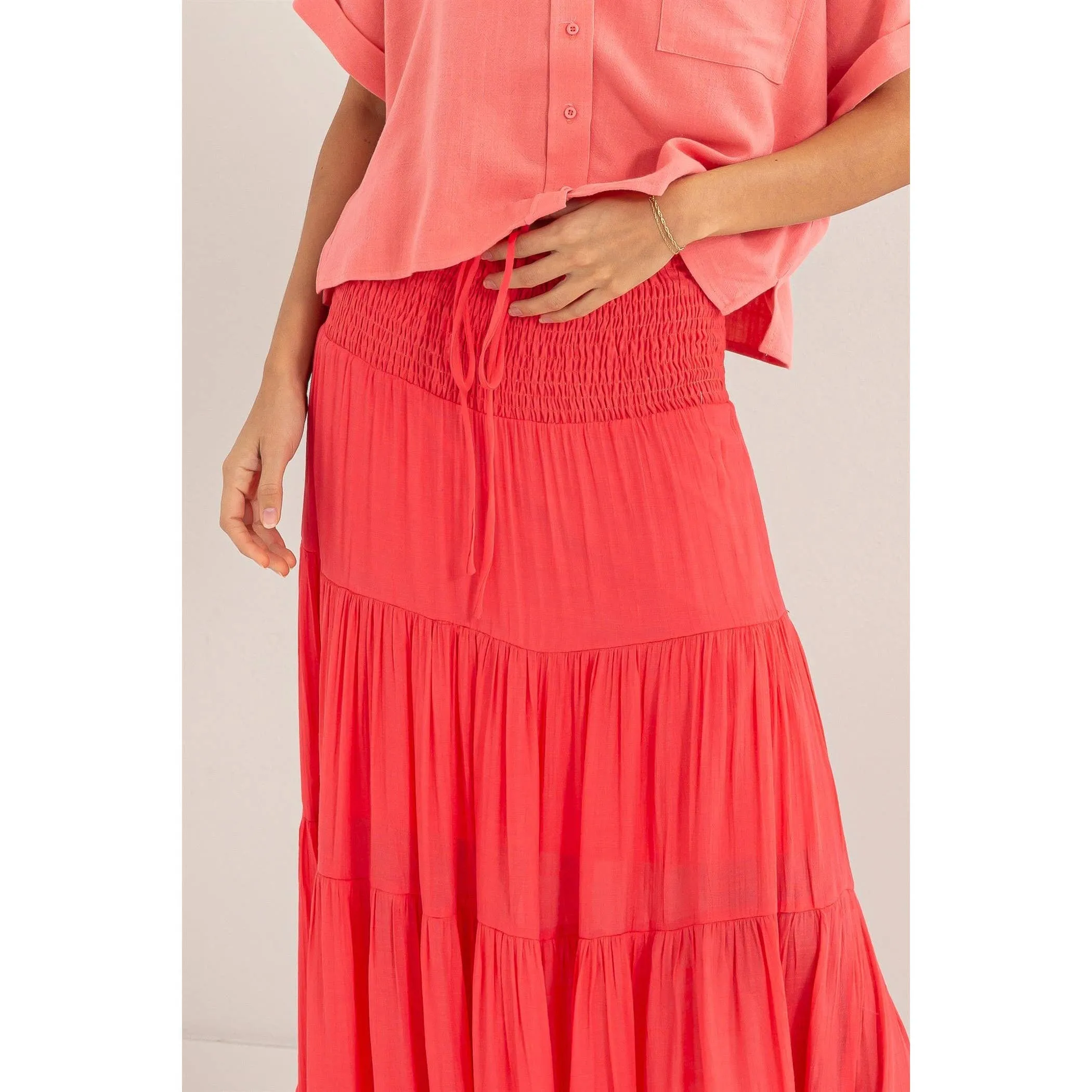 Drawstring Waist Tiered Maxi Skirt