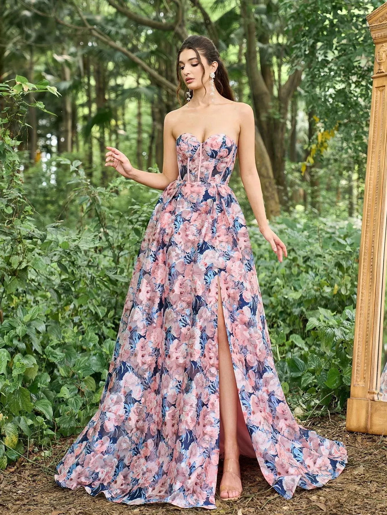 Elegant Floral Jacquard Split Thigh Prom Tube Dress