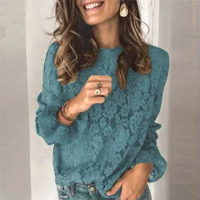 Elegant Lantern Sleeve Crochet Eyelet Mesh Lace Blouse Shirts