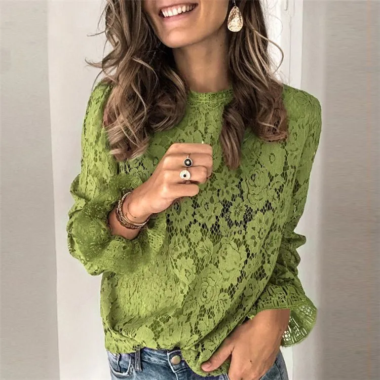 Elegant Lantern Sleeve Crochet Eyelet Mesh Lace Blouse Shirts