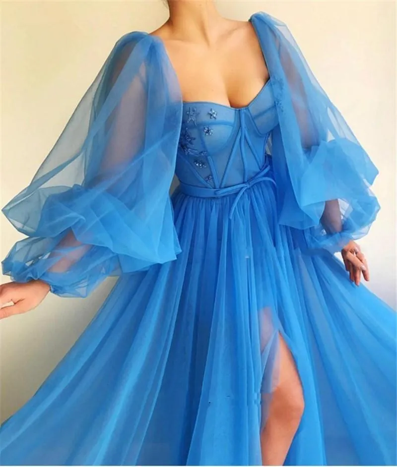 Embroidered Corset Puffy Sleeve Mesh Tulle Ball Gown Thigh Split Bridesmaid Dress