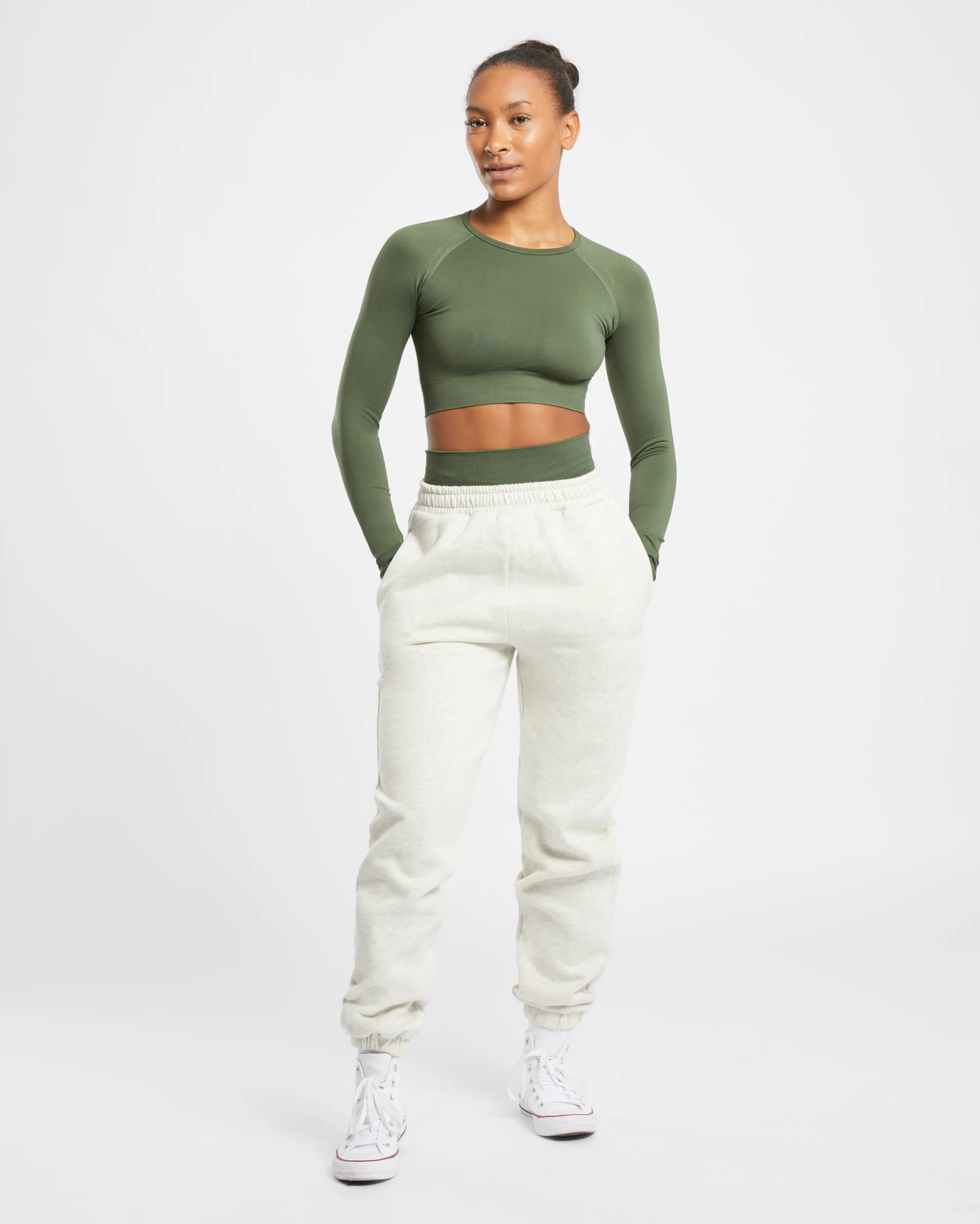 Empower Seamless Long Sleeve Crop Top - Khaki Green