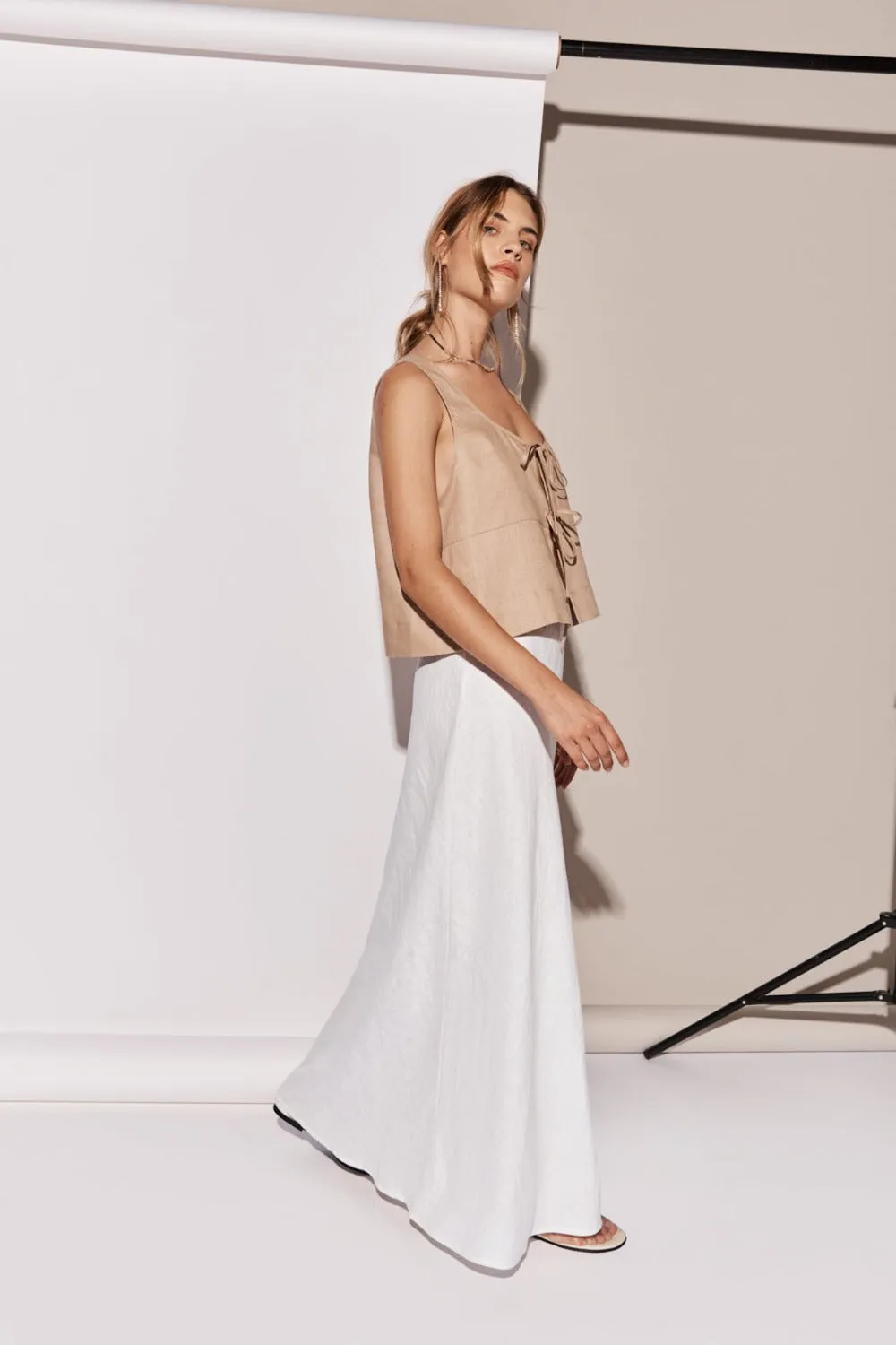 Ena Linen Bias Cut Maxi Skirt White