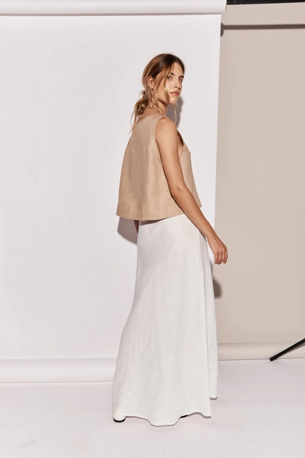 Ena Linen Bias Cut Maxi Skirt White