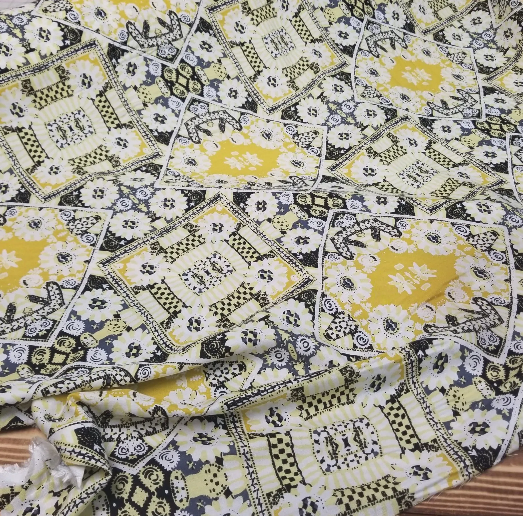 End of Bolt: 3-3/4th yards of Designer Deadstock Bohemian Yellow and Black Abstract Rayon Challis Woven-remnant