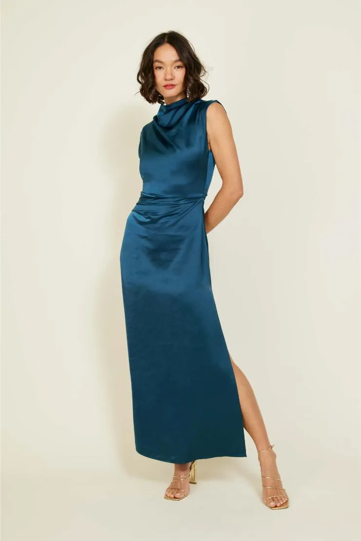 Evangeline Mock Neck Satin Maxi Dress - Teal