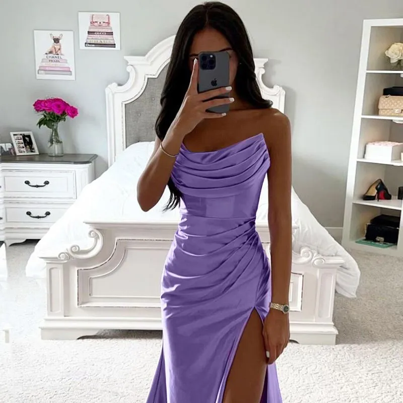 Fabulous Ruched Satin Silky Homecoming Prom Dress With Slit