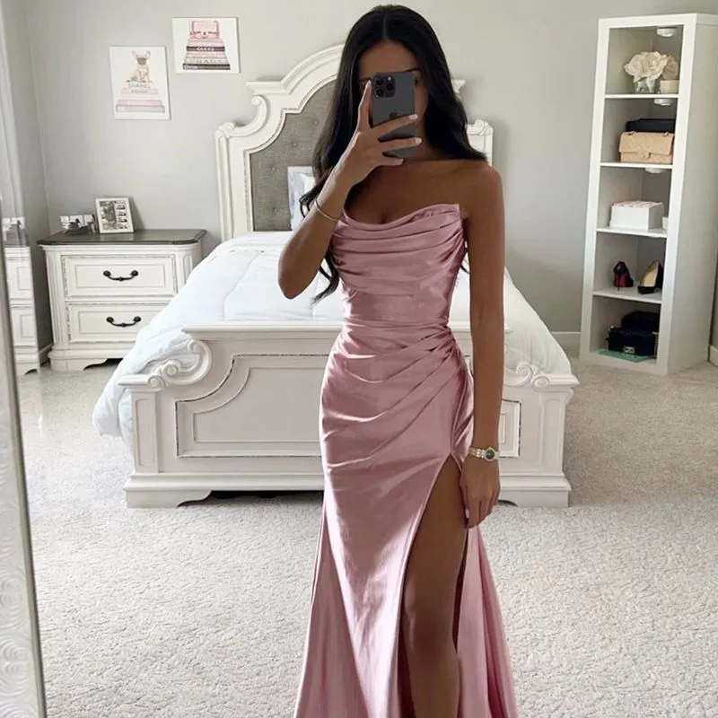 Fabulous Ruched Satin Silky Homecoming Prom Dress With Slit