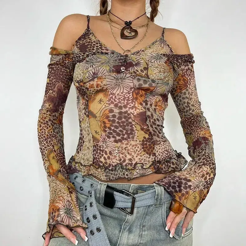 Fairycore Floral Mesh Top