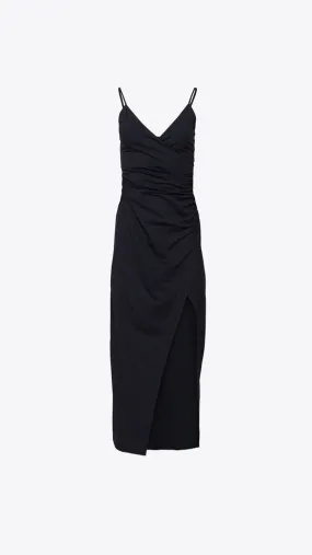 Faux Wrap String Slit Dress - Black