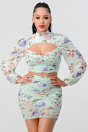 FLORAL MESH RUCHED CUTOUT CROPPED TOP & SKIRT SETS