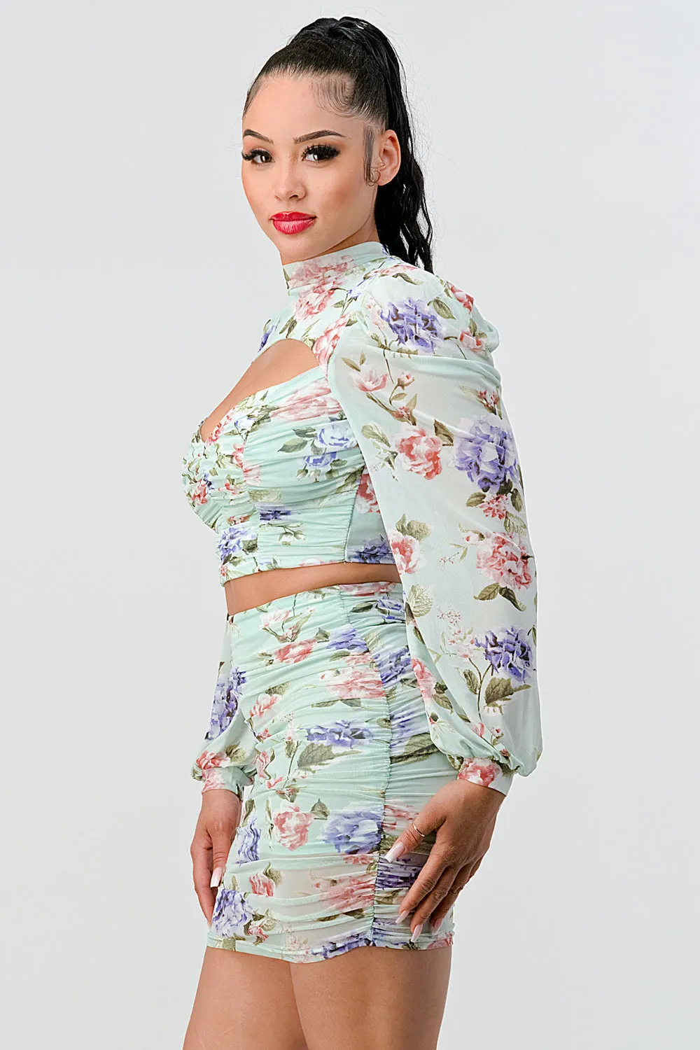 FLORAL MESH RUCHED CUTOUT CROPPED TOP & SKIRT SETS