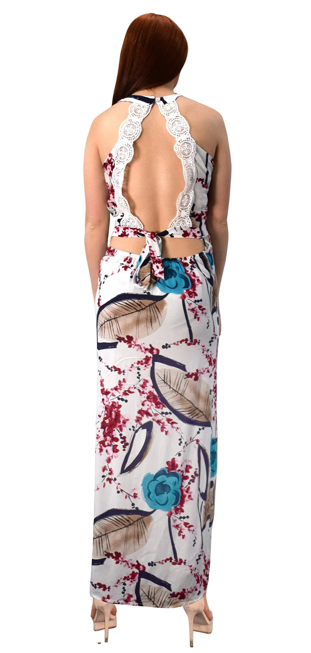 Floral Print Cut Out Waist Side Slit Crochet Tie Back Maxi Dress Gown