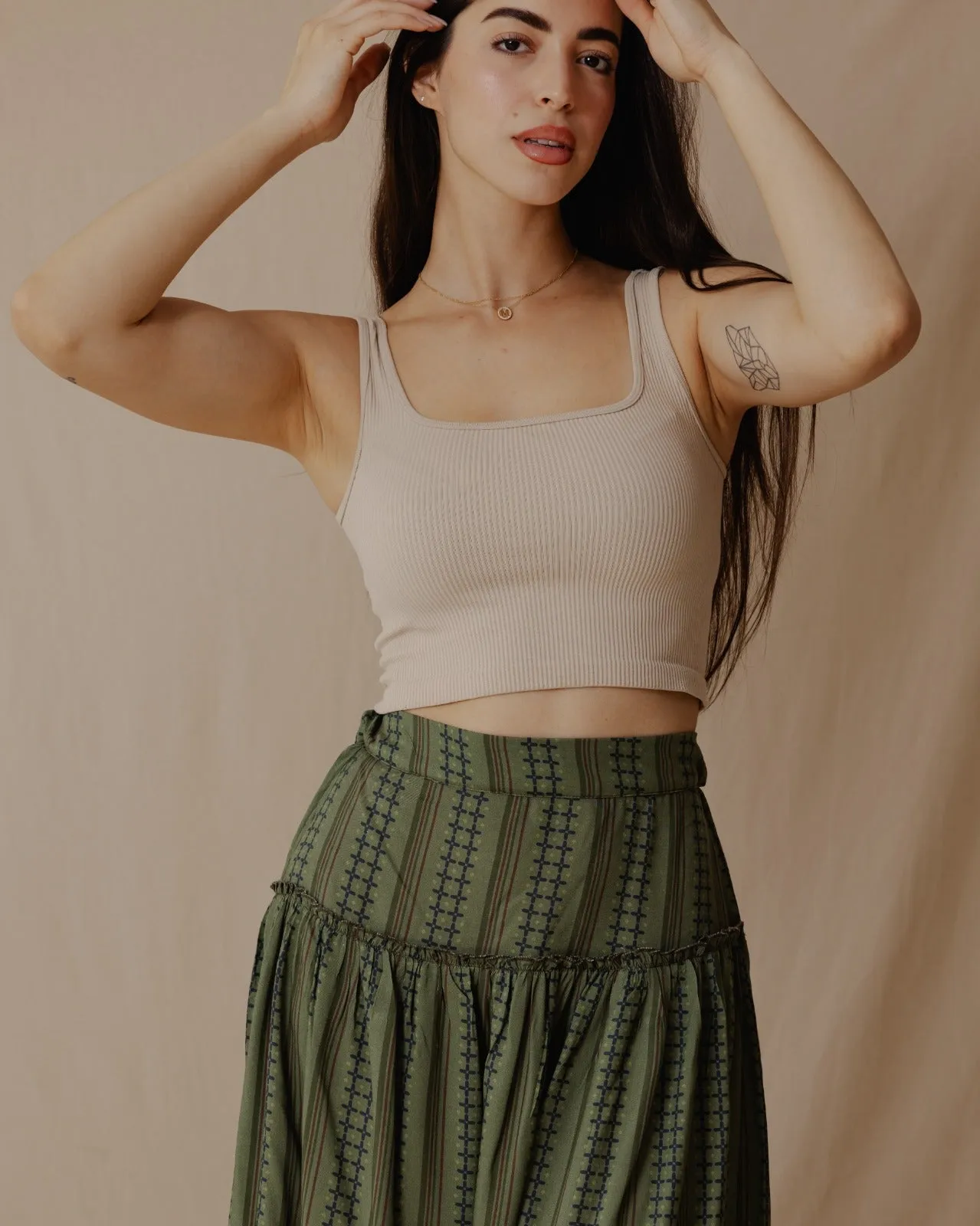 Geometric Lines Maxi Skirt Olive Green