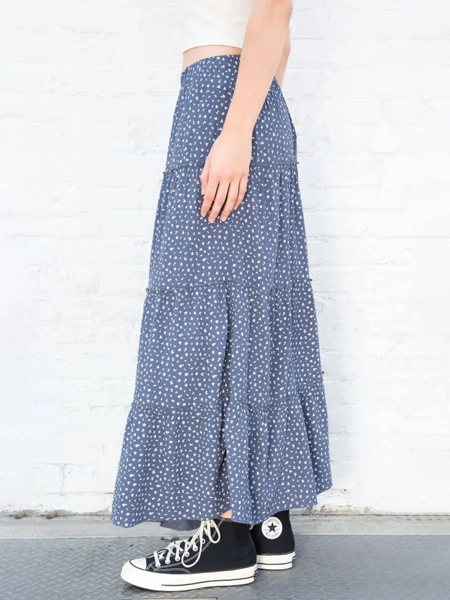 Girlary Floral Print Ruffles Maxi Skirt Woman Summer High Waist A-line Denim Blue Loose Long Skirts Sweet Cute Streetwear Y2k Falda