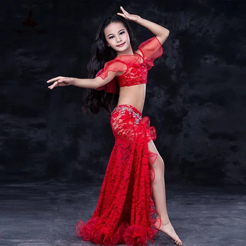 Girls Professional belly dancing clothes luxury sleeveless top lace split sirt 2pcs child dance set kids belly dance suit SML