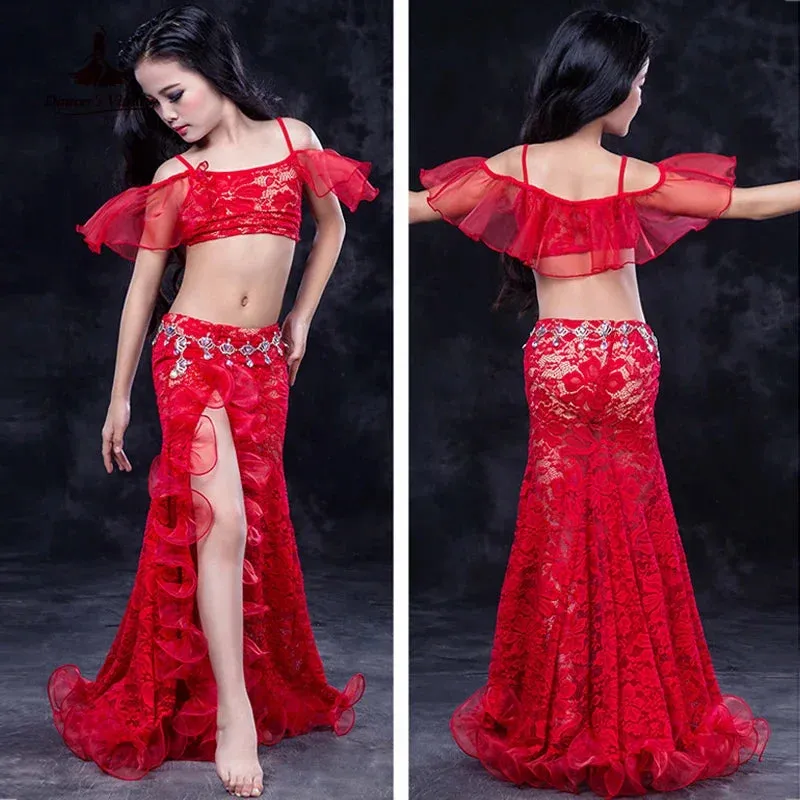 Girls Professional belly dancing clothes luxury sleeveless top lace split sirt 2pcs child dance set kids belly dance suit SML