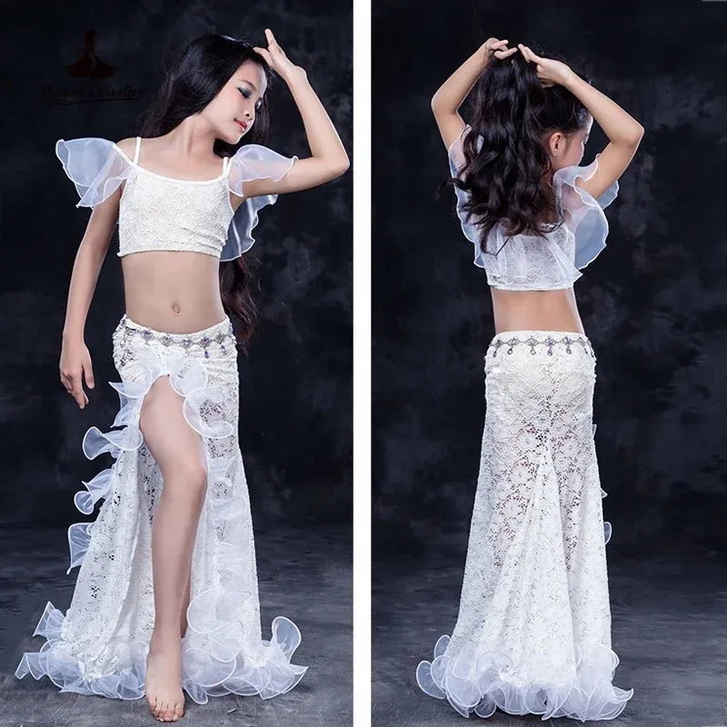 Girls Professional belly dancing clothes luxury sleeveless top lace split sirt 2pcs child dance set kids belly dance suit SML