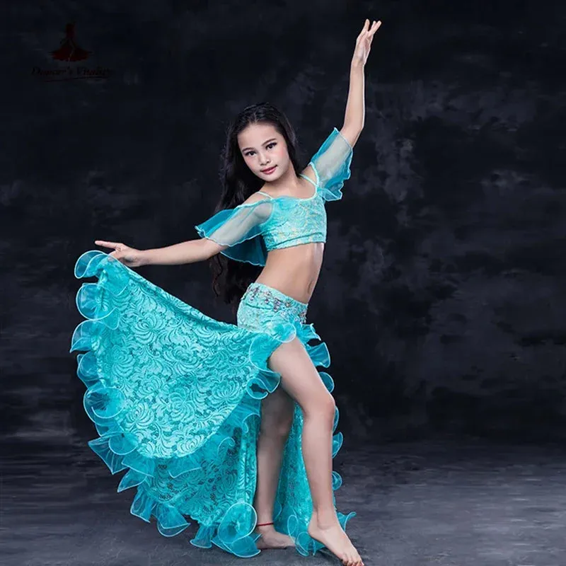 Girls Professional belly dancing clothes luxury sleeveless top lace split sirt 2pcs child dance set kids belly dance suit SML