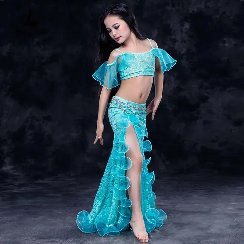 Girls Professional belly dancing clothes luxury sleeveless top lace split sirt 2pcs child dance set kids belly dance suit SML