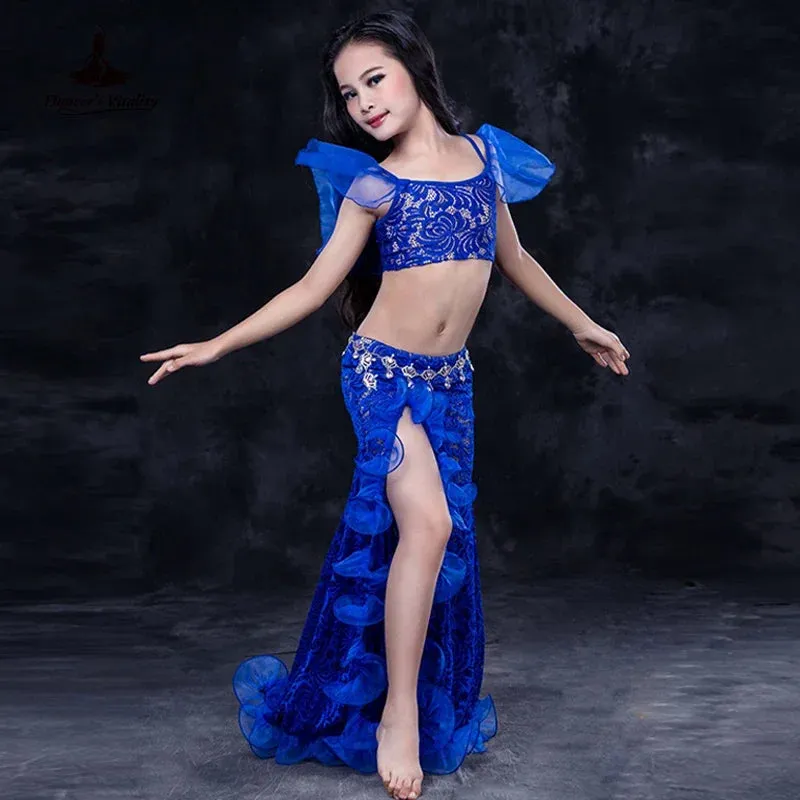 Girls Professional belly dancing clothes luxury sleeveless top lace split sirt 2pcs child dance set kids belly dance suit SML